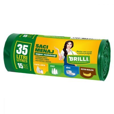 Saci menajeri colectare selectiva Brilli, 35l, 15 buc, verzi