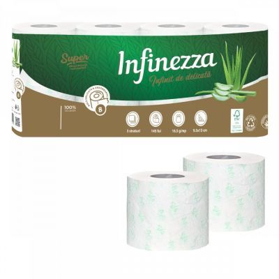 Hartie igienica parfumata Infinezza, aloe vera, 3 straturi, 8 buc