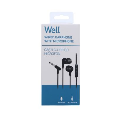 Casti In-Ear cu fir Well, microfon, jack 3.5mm, EP301, negru