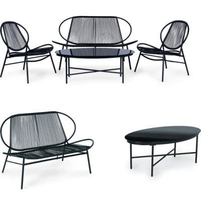 Set mobilier de gradina din ratan, scaune metalice, banca si masa neagra, XS-RTS108