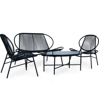 Set mobilier de gradina din ratan, scaune metalice, banca si masa neagra, XS-RTS108