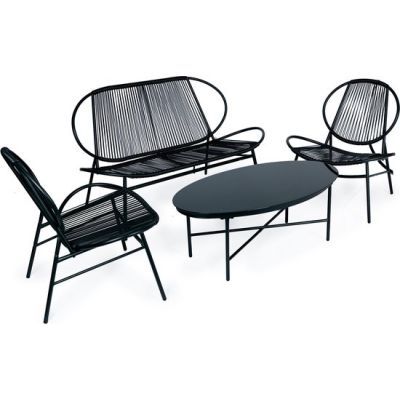 Set mobilier de gradina din ratan, scaune metalice, banca si masa neagra, XS-RTS108